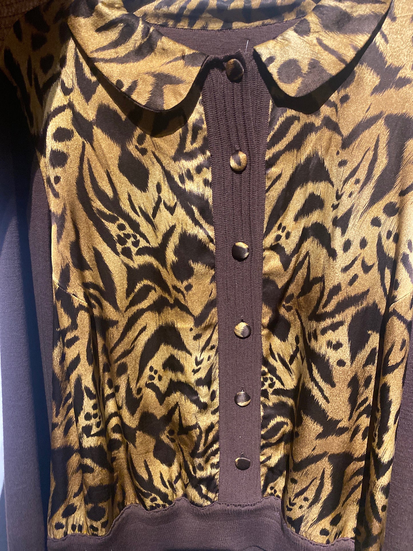 Brown fine wool button up jumper with animalier silk coated front, buttons and collar. artisanal/sartorial make, finest finishings