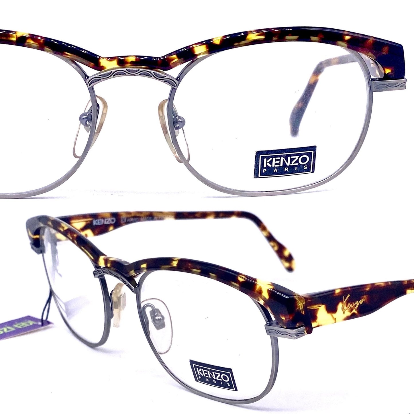 Kenzo Jazz K059 rectangular carved gunmetal frames w avant-Garde tortoise browline, 80s NoS France