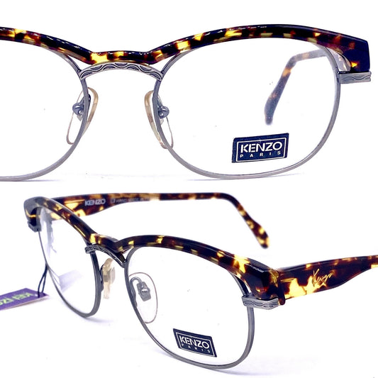 Kenzo Jazz K059 rectangular carved gunmetal frames w avant-Garde tortoise browline, 80s NoS France