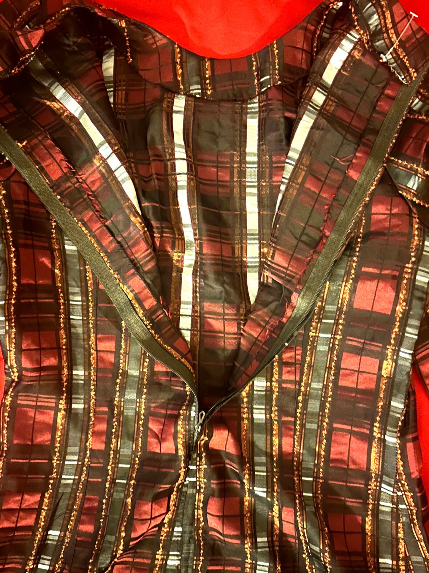 Tailor made tartan sheath dress in jacquard satin fabric, psz S/M, 1980s Italy