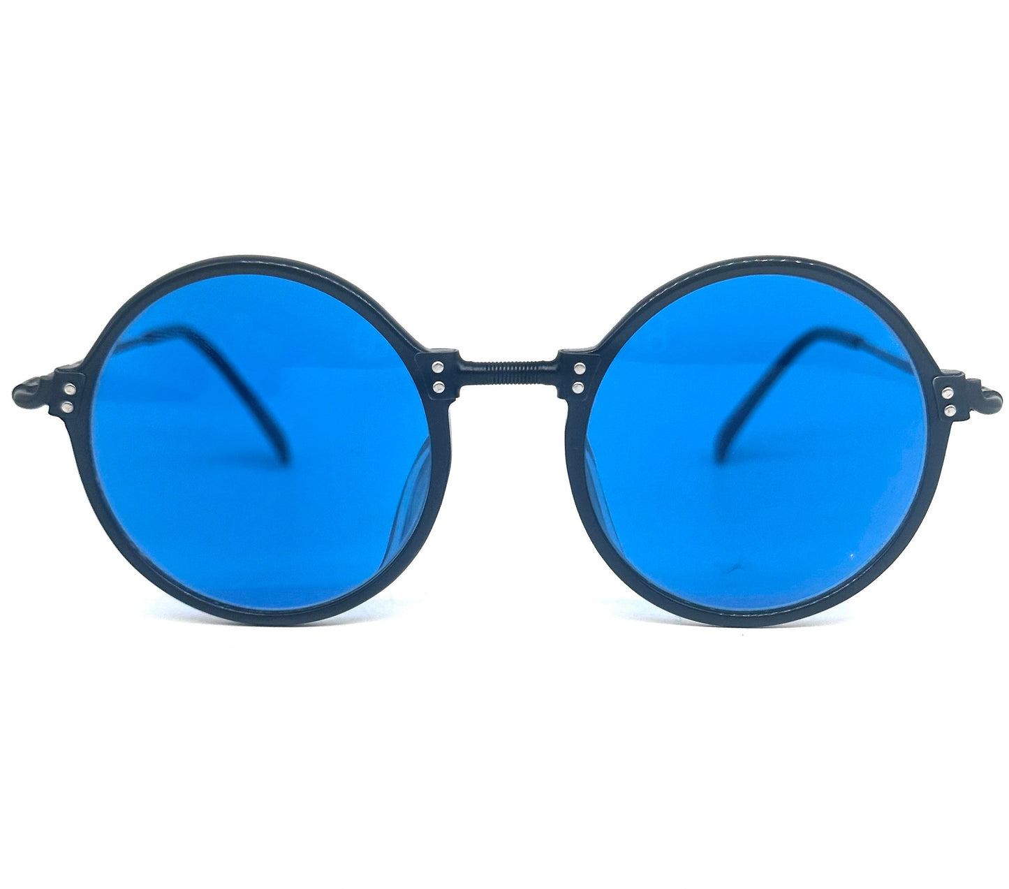 Jean Paul Gaultier 55-7261 black steampunk round sunglasses with blue lenses, NOS 80s Japan