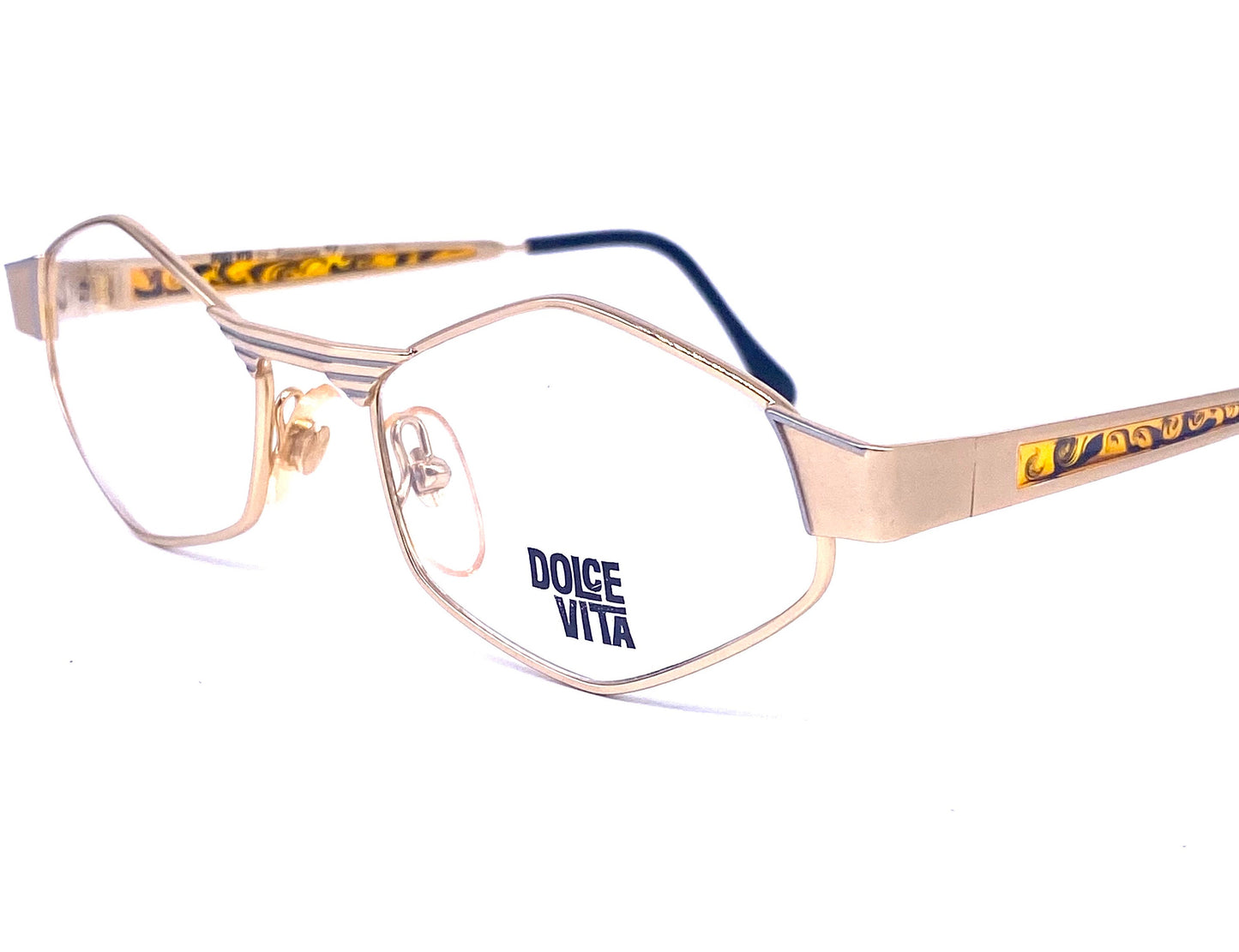 Dolcevita rare hexagonal gold frames w amber translucent inserts by Casanova, Italy 80s NOS