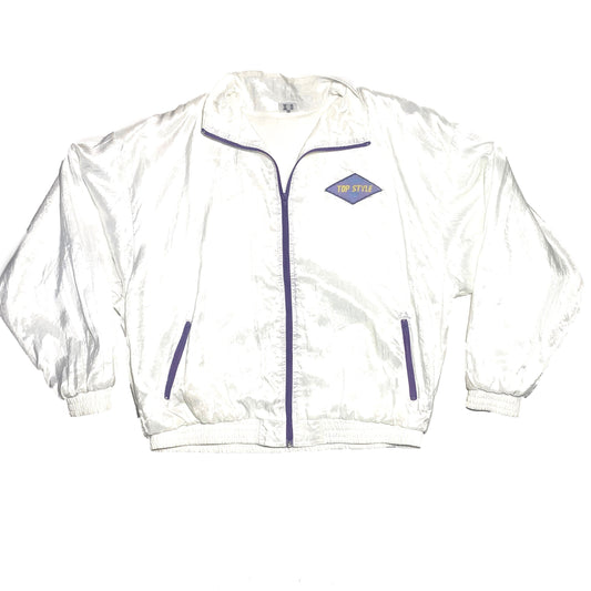 Top Style white satin windbreaker jacket with lilac zippers, mint condition sz XL