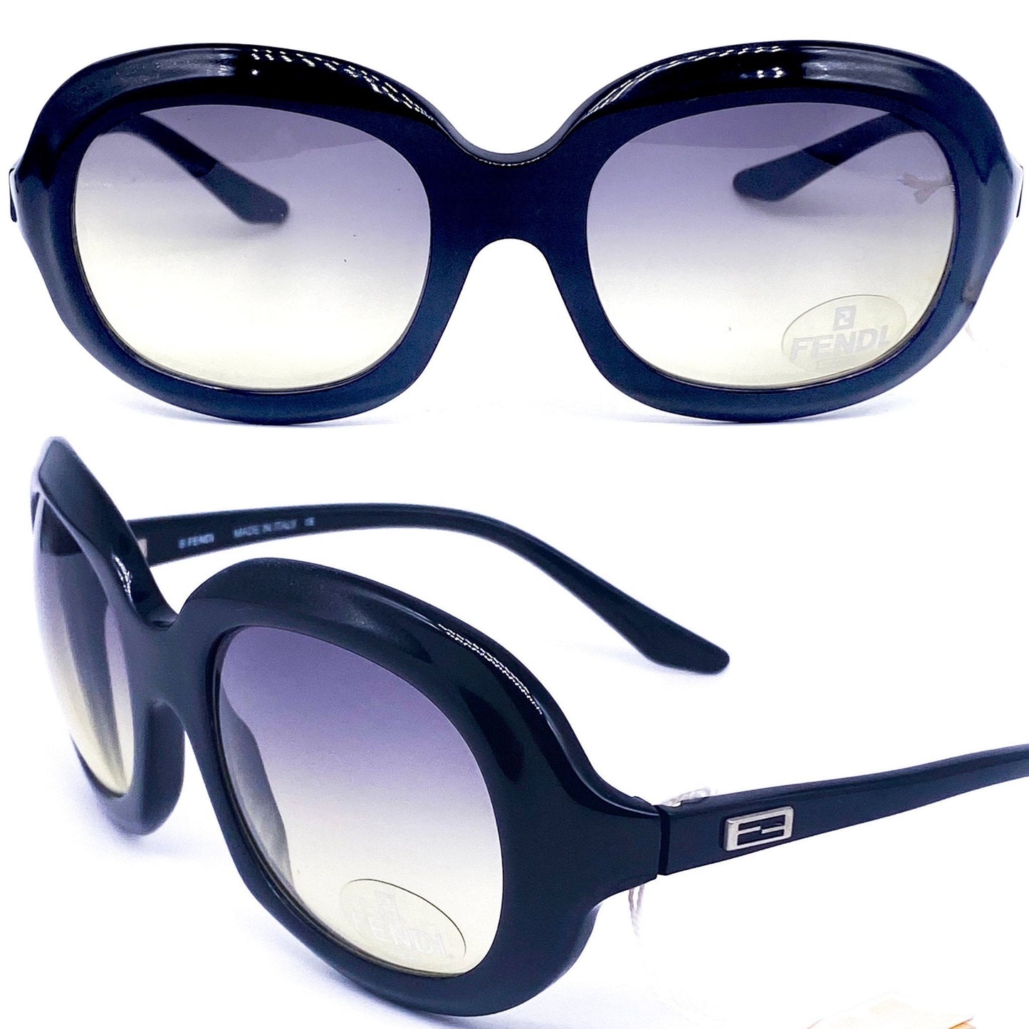 Fendi SL 7676 occhiali da sole ovali in acetato nero con dettagli logo FF sulle aste, NOs anni '90, menta