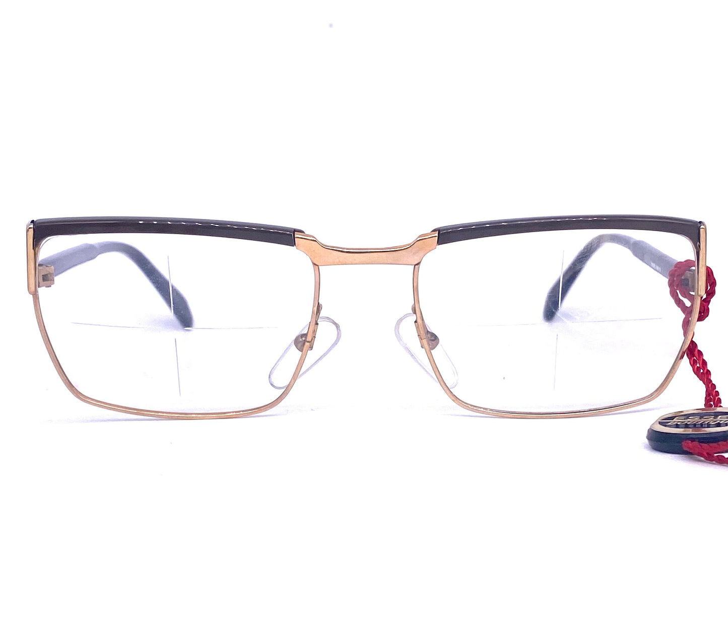 Essel Boutique NOS 60s square gold frames w dark brown coating on the brows and temples, with tag