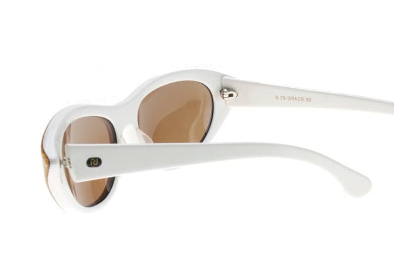 Nouvelle Vague white pointed cateye sunglasses with golden asymmetrical fabric inlay, NOS 80s Italy