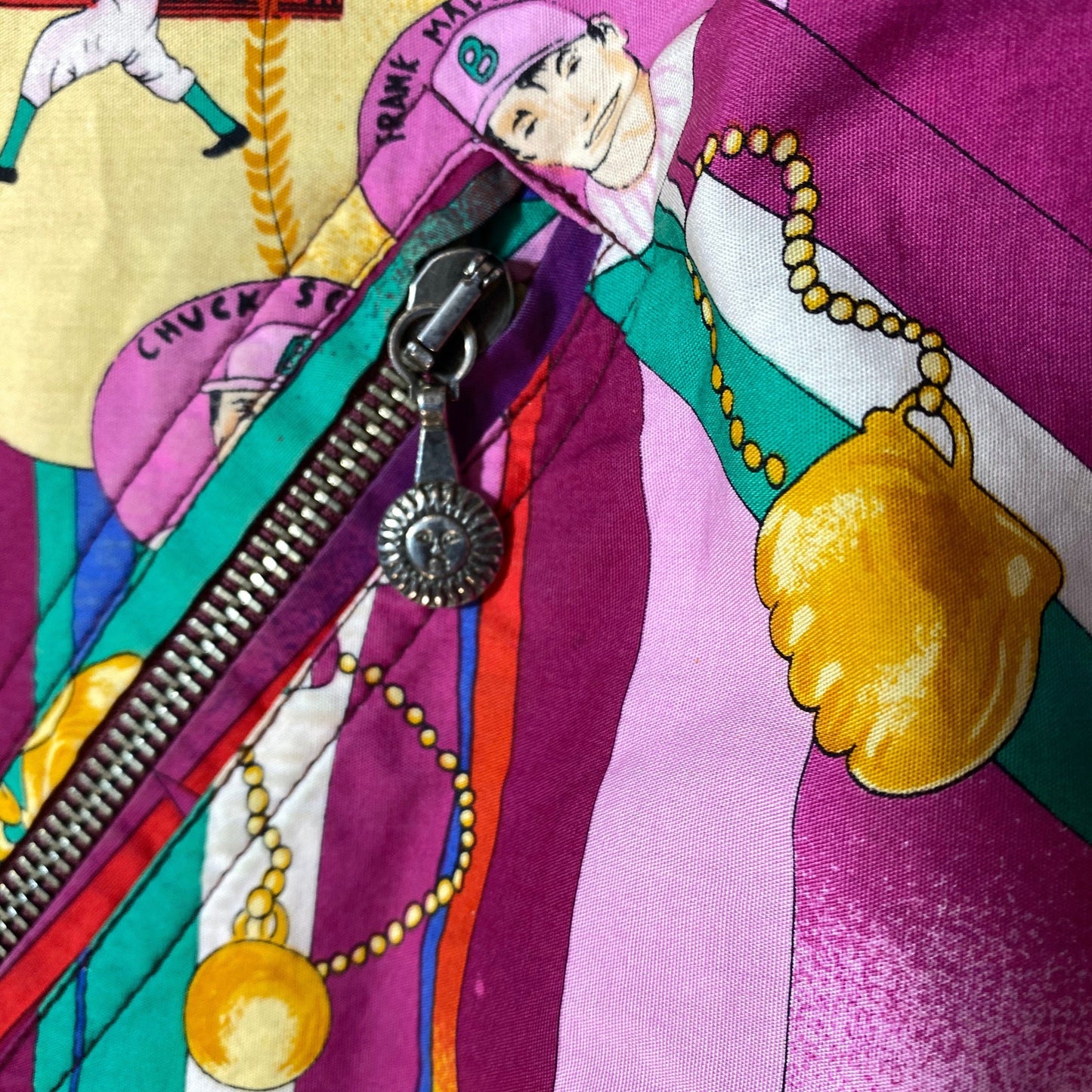 Versace Sport 1990s baseball allover cotton jacket, stunning colorful print of purple tones, minty