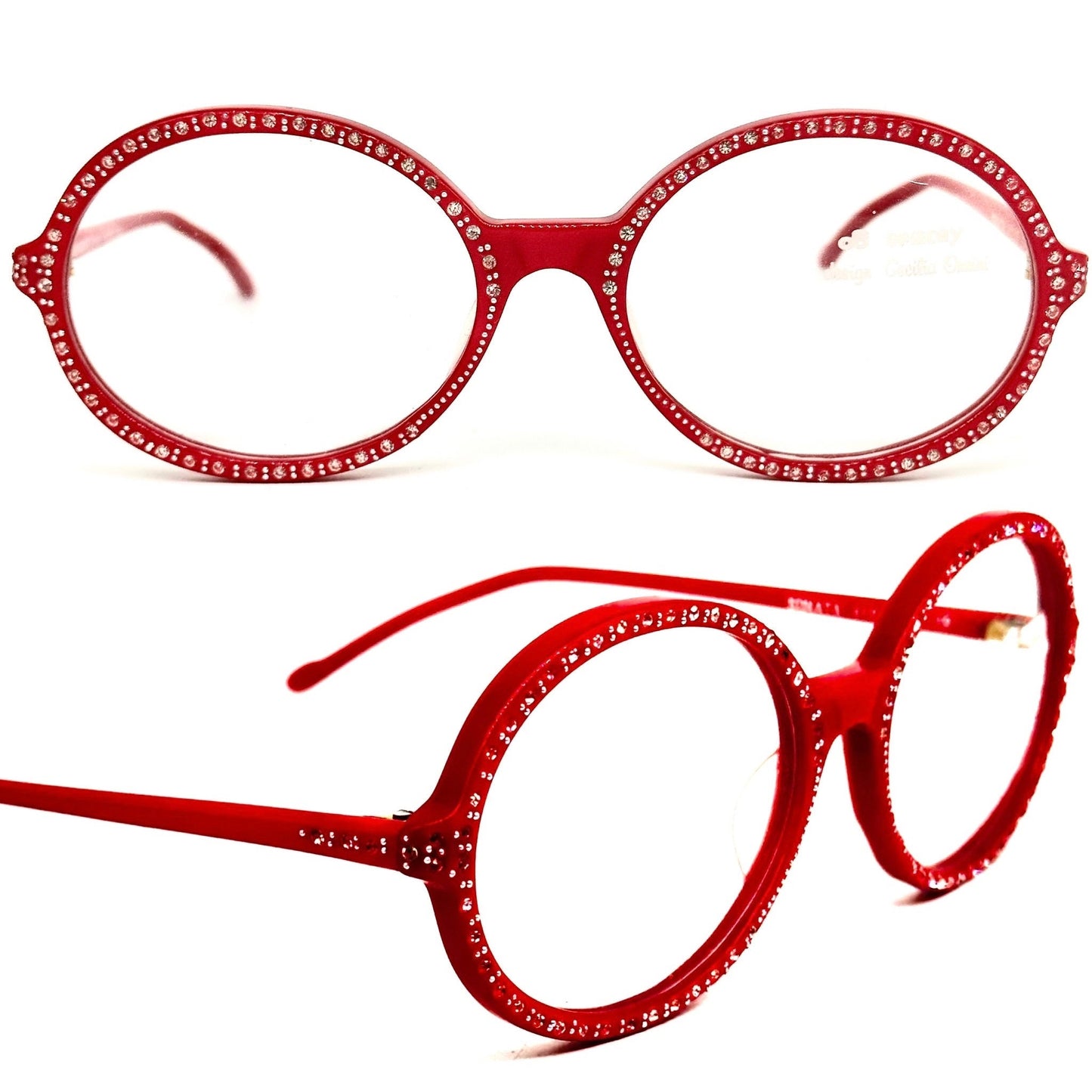C. Orsini Armony round red eyeglasses fully set with rhinestones, hand made in Italy NOS 80s