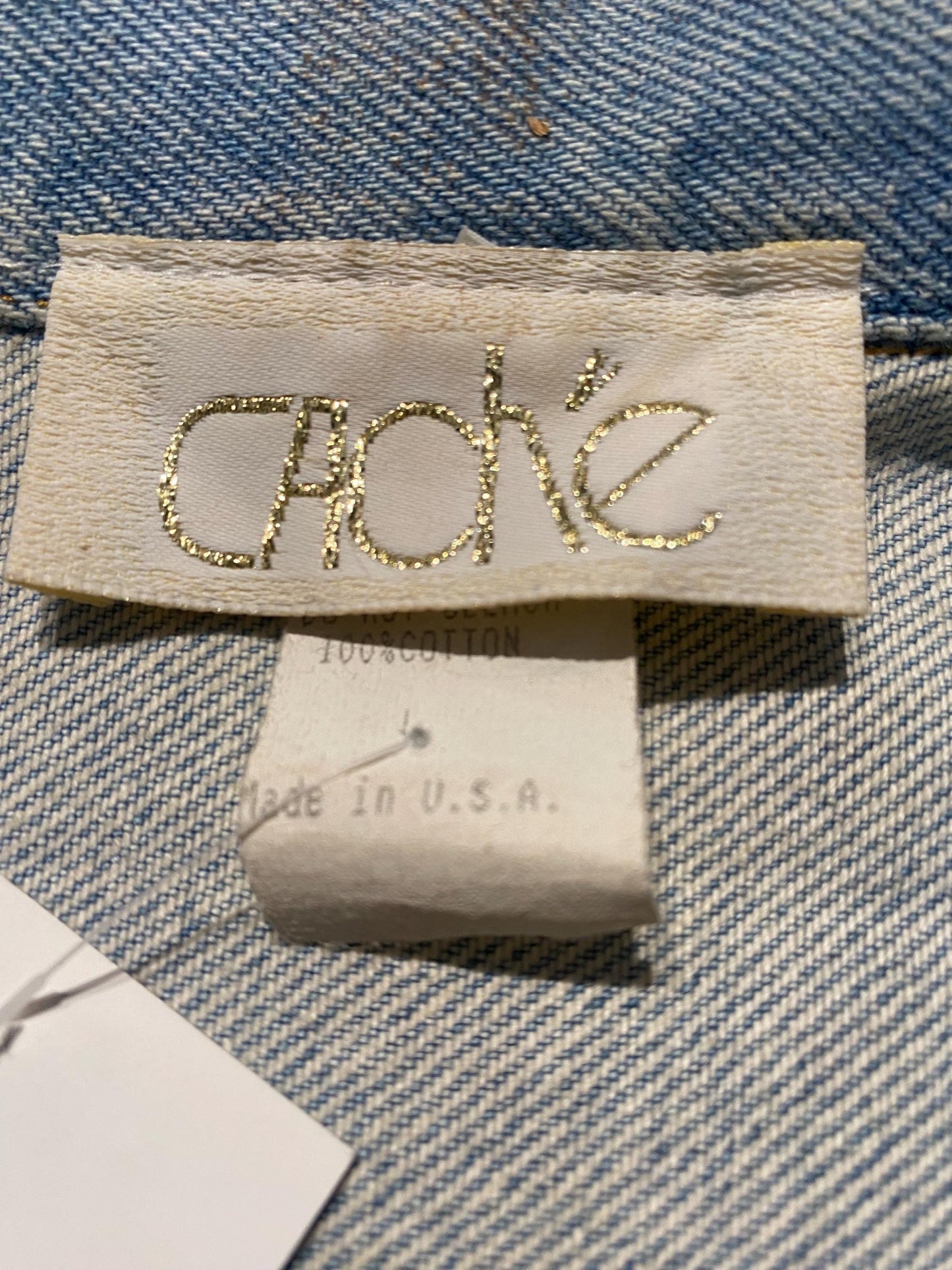Caché USA light blue denim vest customised w leather, golden jewel buttons & studs, sz L
