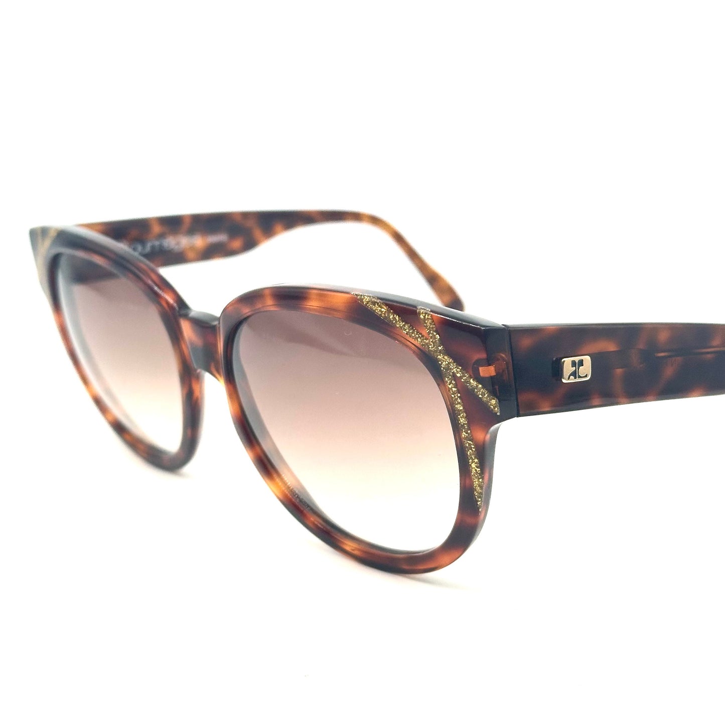 Courreges 8710 tortoise oversized sunglasses w golden sparks striped details, NoS 80s France