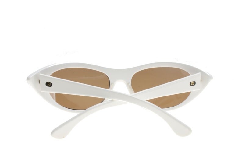 Nouvelle Vague white pointed cateye sunglasses with golden asymmetrical fabric inlay, NOS 80s Italy