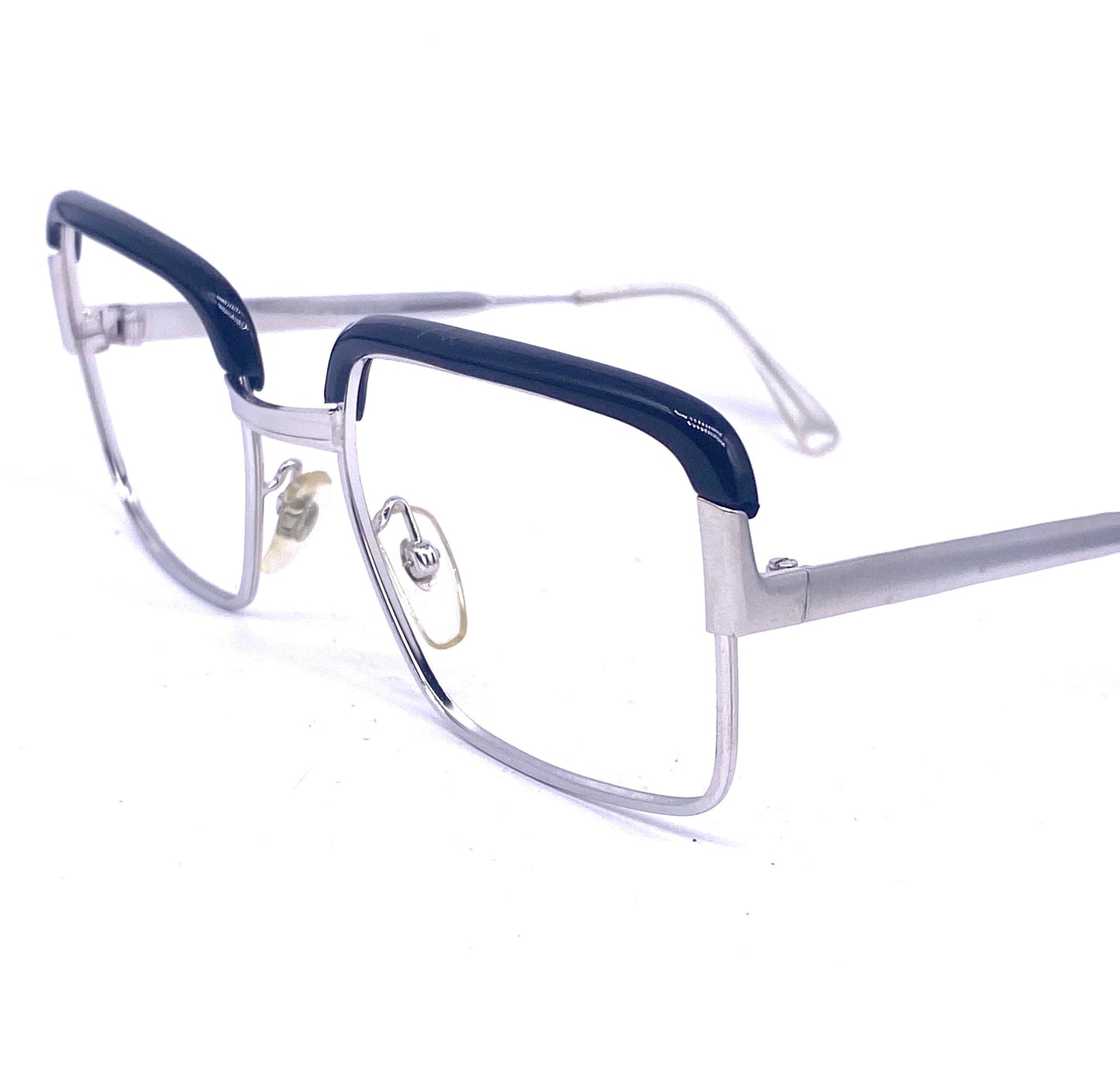 MetalVista Nobel 60s geek square silver frames with black rolled brows, NOS made in Italy