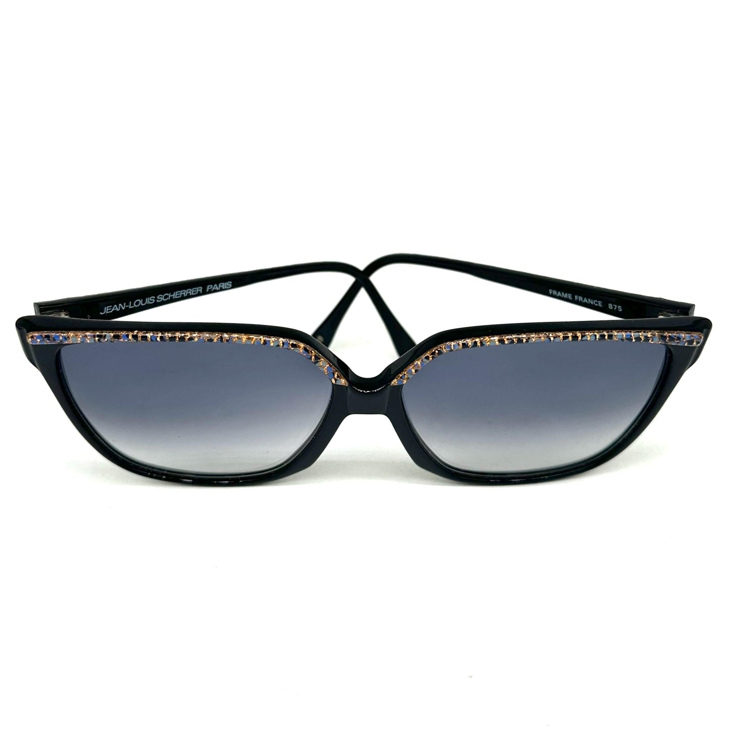Jean-Louis Scherrer Paris frame 875 black oversize sunglasses with mosaic effect in gold/silver glitter and blue squares. 90s NOS France
