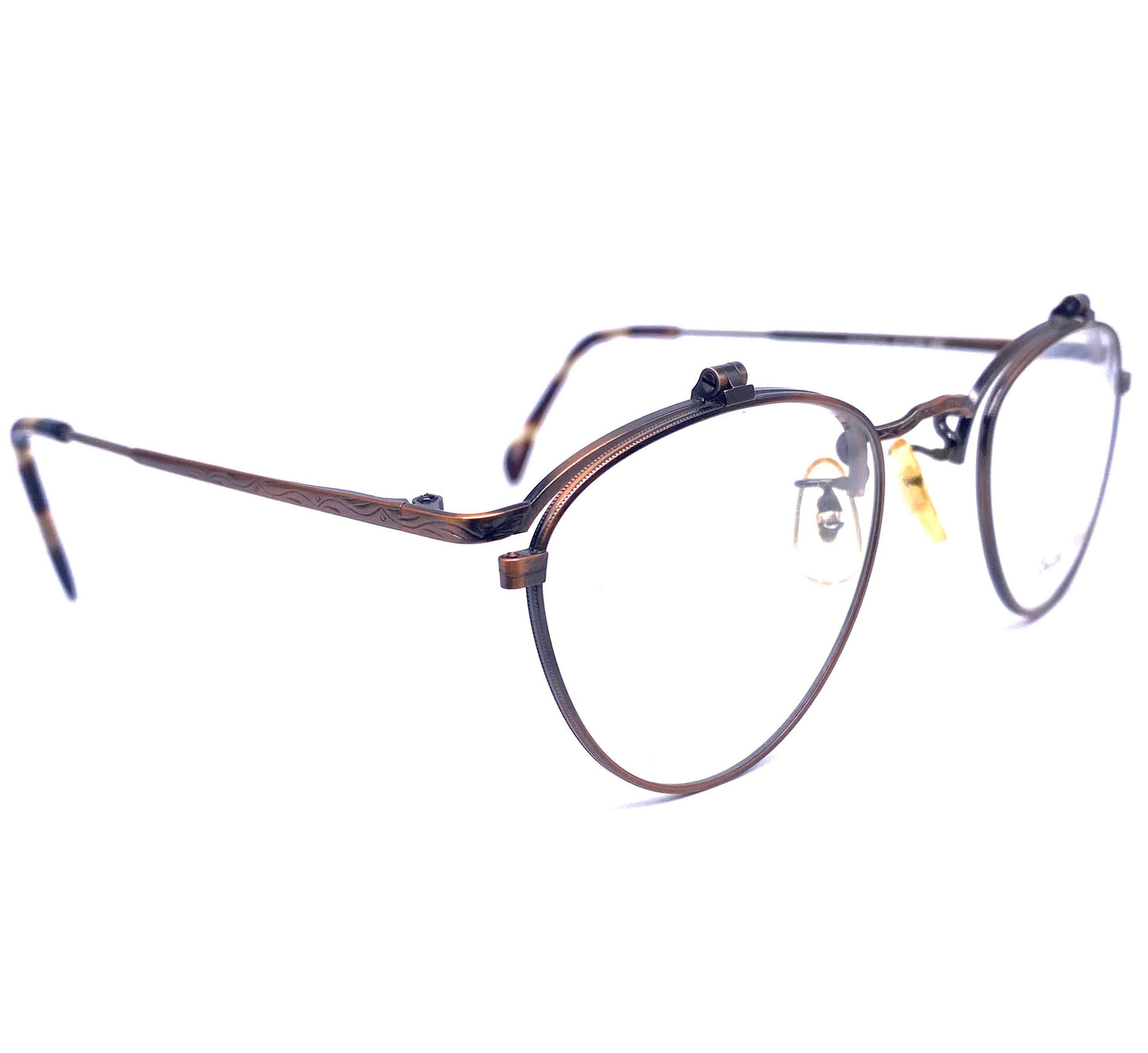 Beau Monde Yorkshire round antiqued copper flip-up eyeglasses frames, super hip piece made in Japan 80s NOS