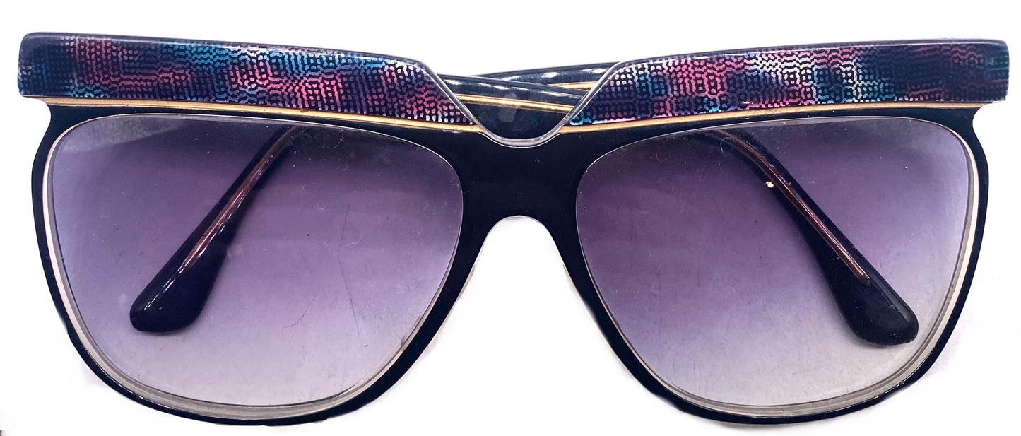 Premier Paris squared butterfly oversized sunglasses w/ glitched pixel art texture in 2 colorways, NOS 80s France
