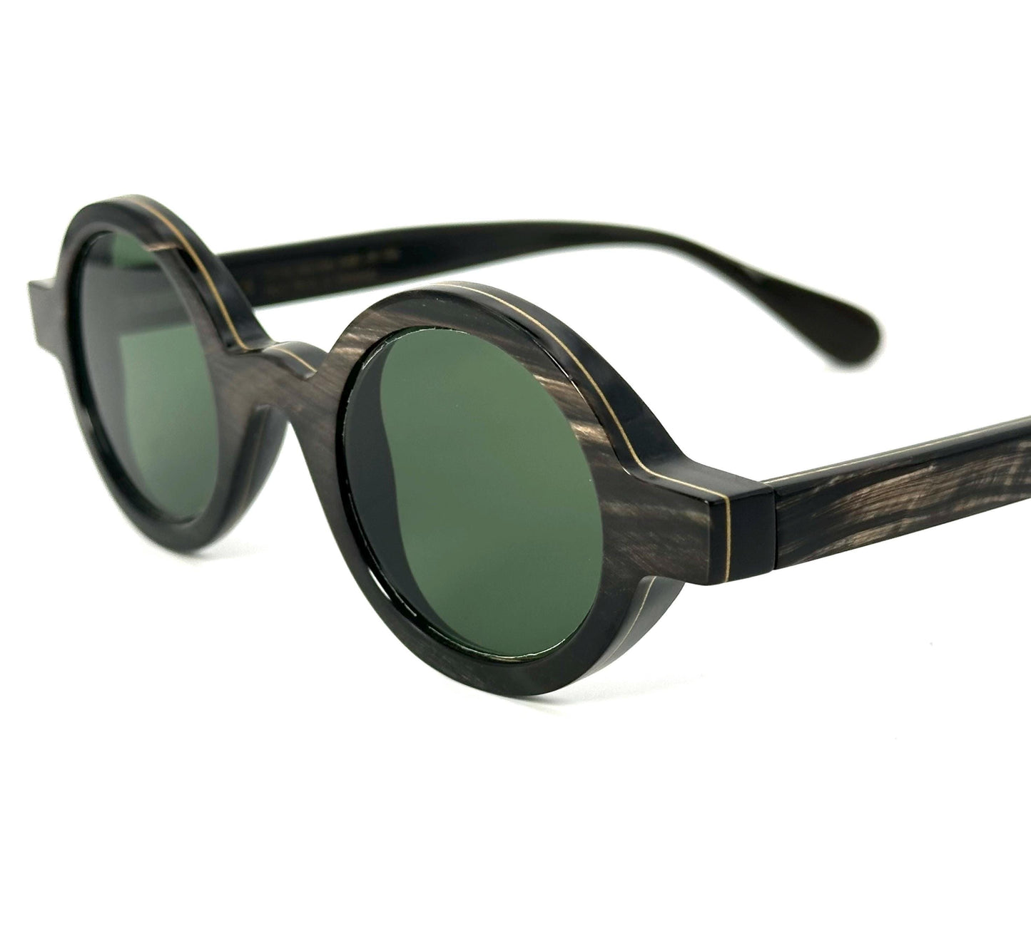 Hoffmann Amalia hand made round buffalo horn sunglasses fitted w green antiglare lenses mint