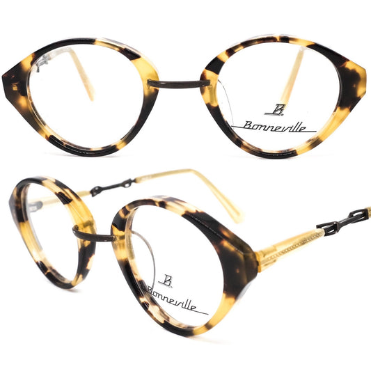 Bonneville demi amber round eyeglasses frames Made in Germany with special temples design, NOS 1990s