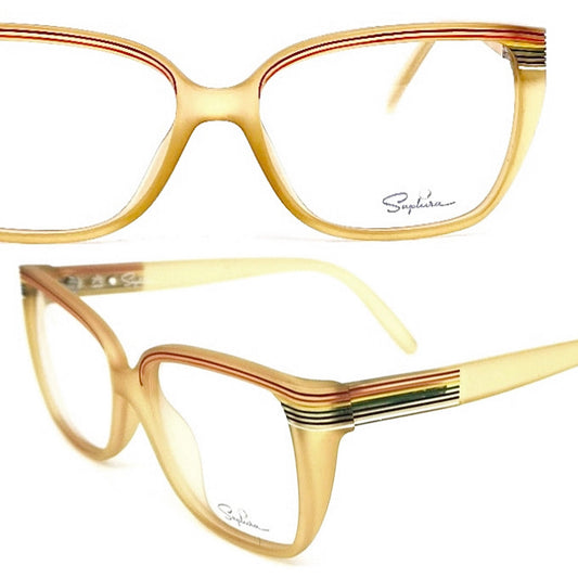 Saphira 4099 thick squared amber glasses with carved striped enameled in rainbow colors, NOS 80s