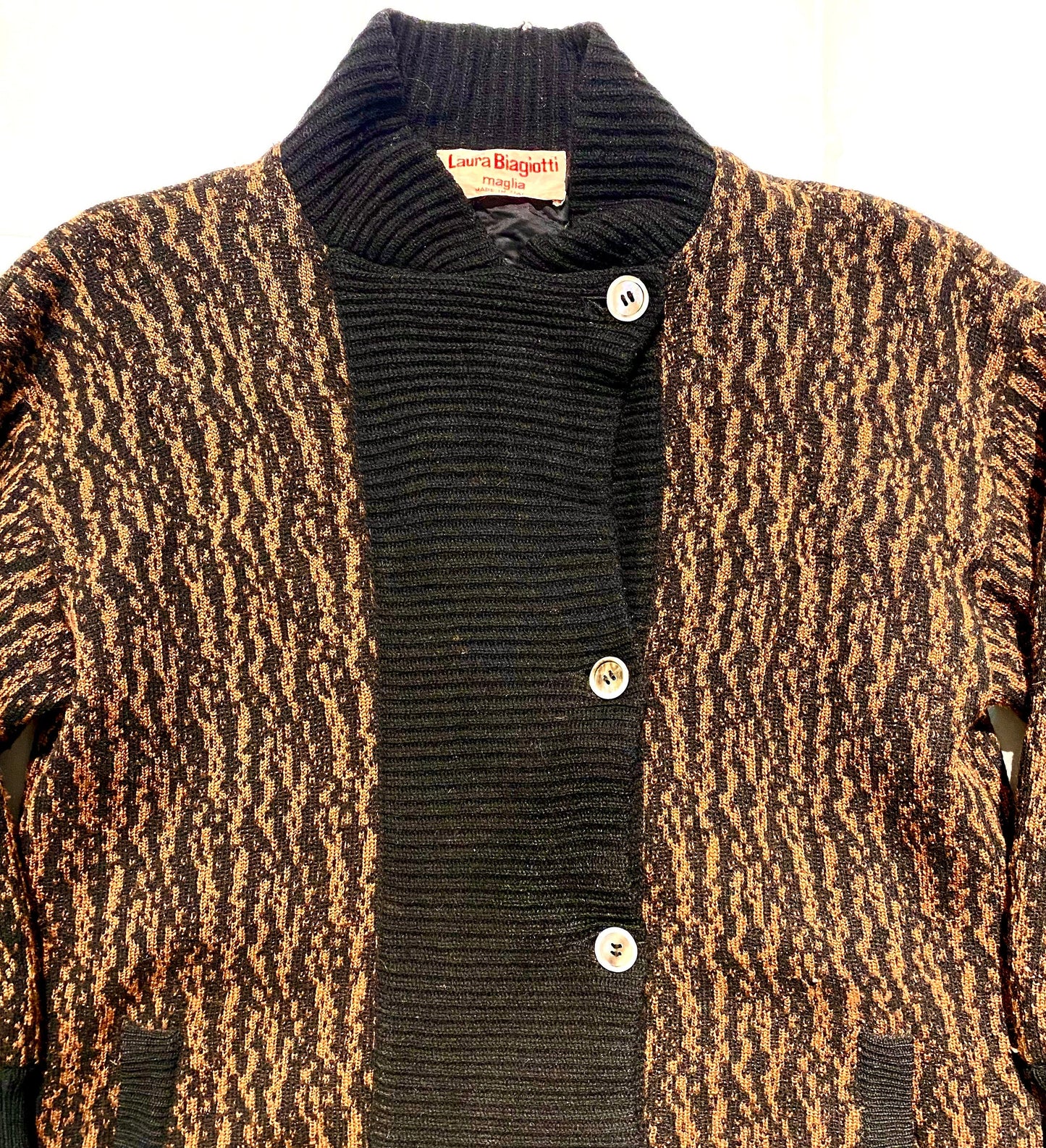 Laura Biagiotti brown/black zebra pattern wool knitted jacket w quilted lining, mint sz M