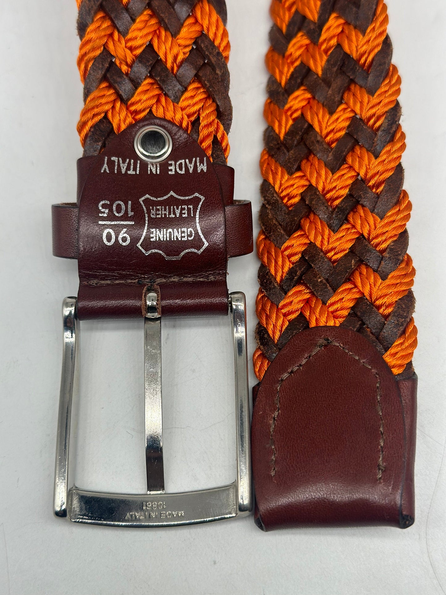 1990s Navajo beige cured leather belt with black/brown string embroidery allover sz 85