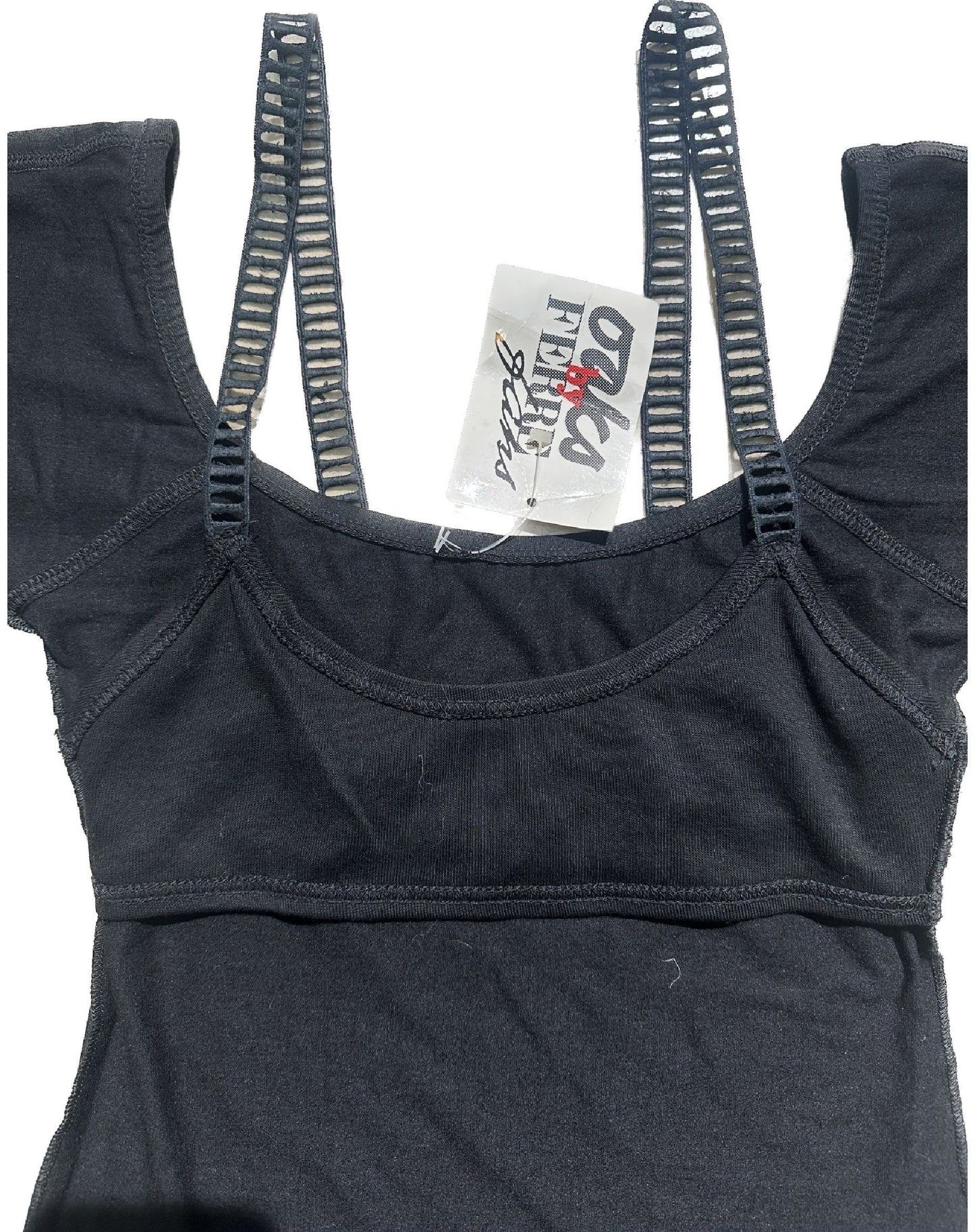 Oaks Ferrè black cotton halter top with embroidered macrame shoulder straps, NOS 80s Italy