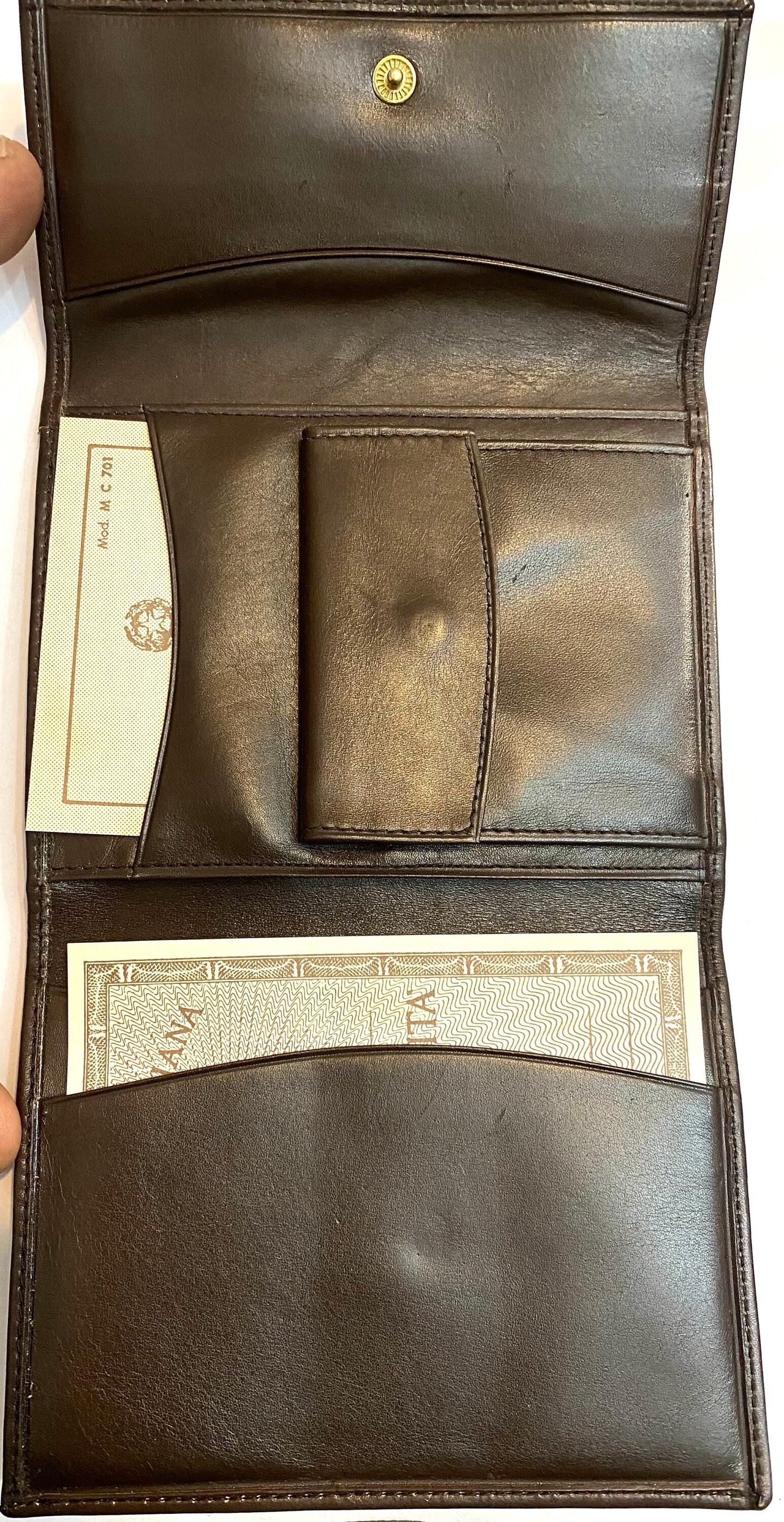 Roland Germani unisex softest dark brown leather wallet w press printed branding, NOS 90s