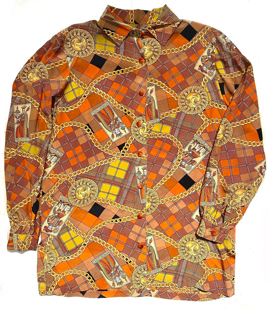 Pure silk baroque sun/ moon/ tarots cards shirt, super cool one of a kind tailor made piece, sz 46, mint