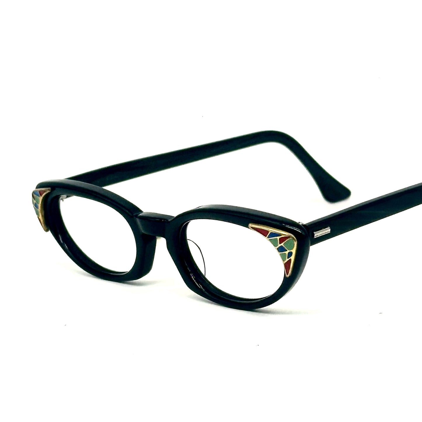 Shuron USA black cateye glasses with colored mosaic detail on golden triangular plaque on the sides style 1960 NoS