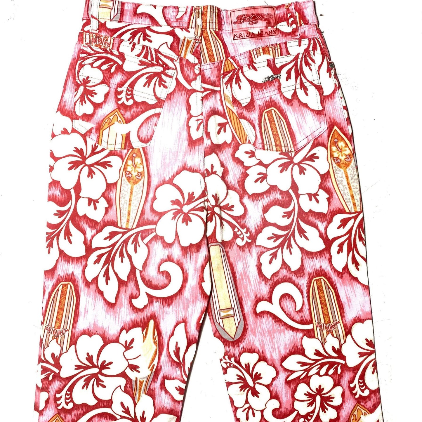 Krizia Jeans pink Waikiki surf boards & Hawaiian flowers denim trousers sz 28, Mint
