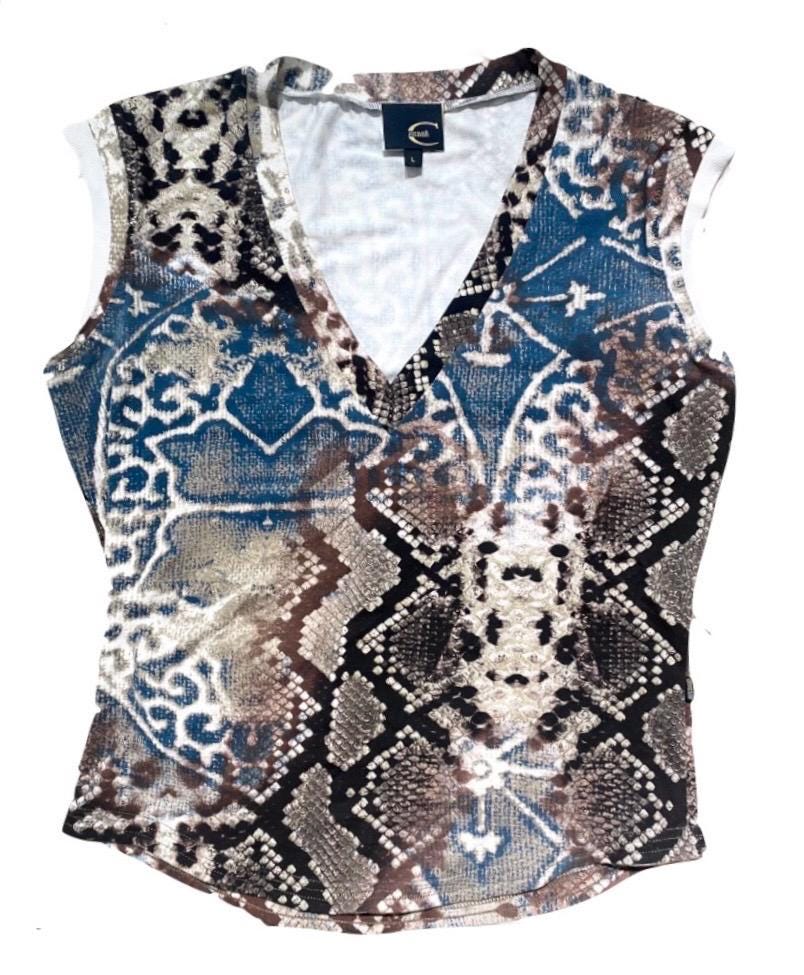 Just Cavalli Snake print v-neck cotton tanktop w golden glittered accents, Mint condition, sz L