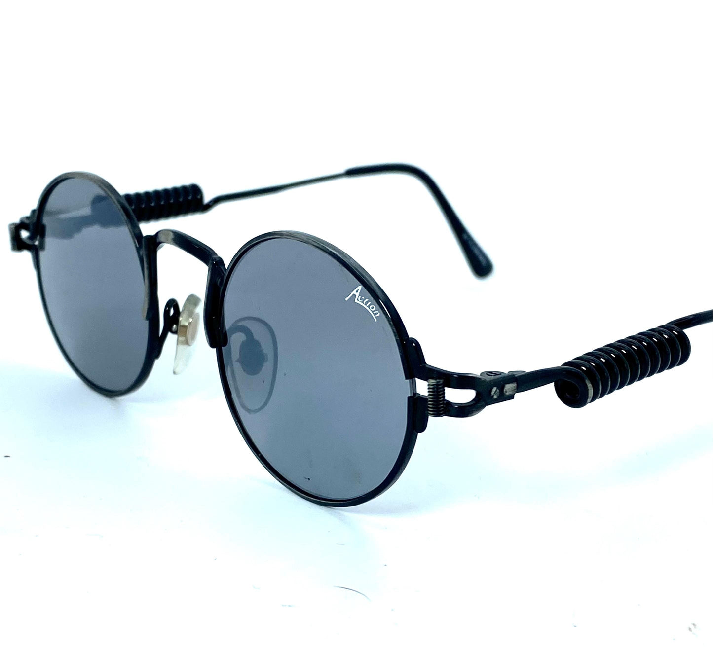 Florence Action 2871 round steampunk sunglasses w mirrored lenses, in gunmetal w spring-spiral temples , NOS 80s