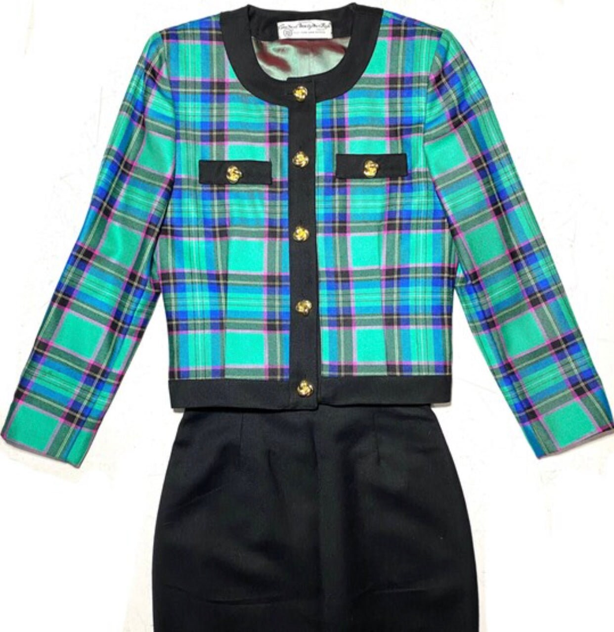 Marzotto pure class green/black tartan wool ladies suit (skirt-chanel style blazer) sz 42