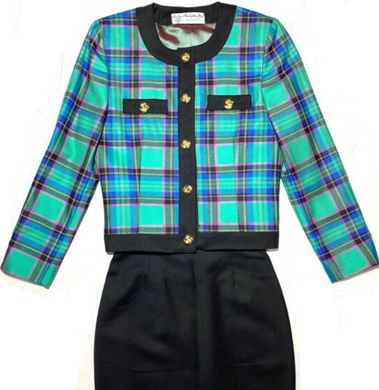 Marzotto pure class green/black tartan wool ladies suit (skirt-chanel style blazer) sz 42