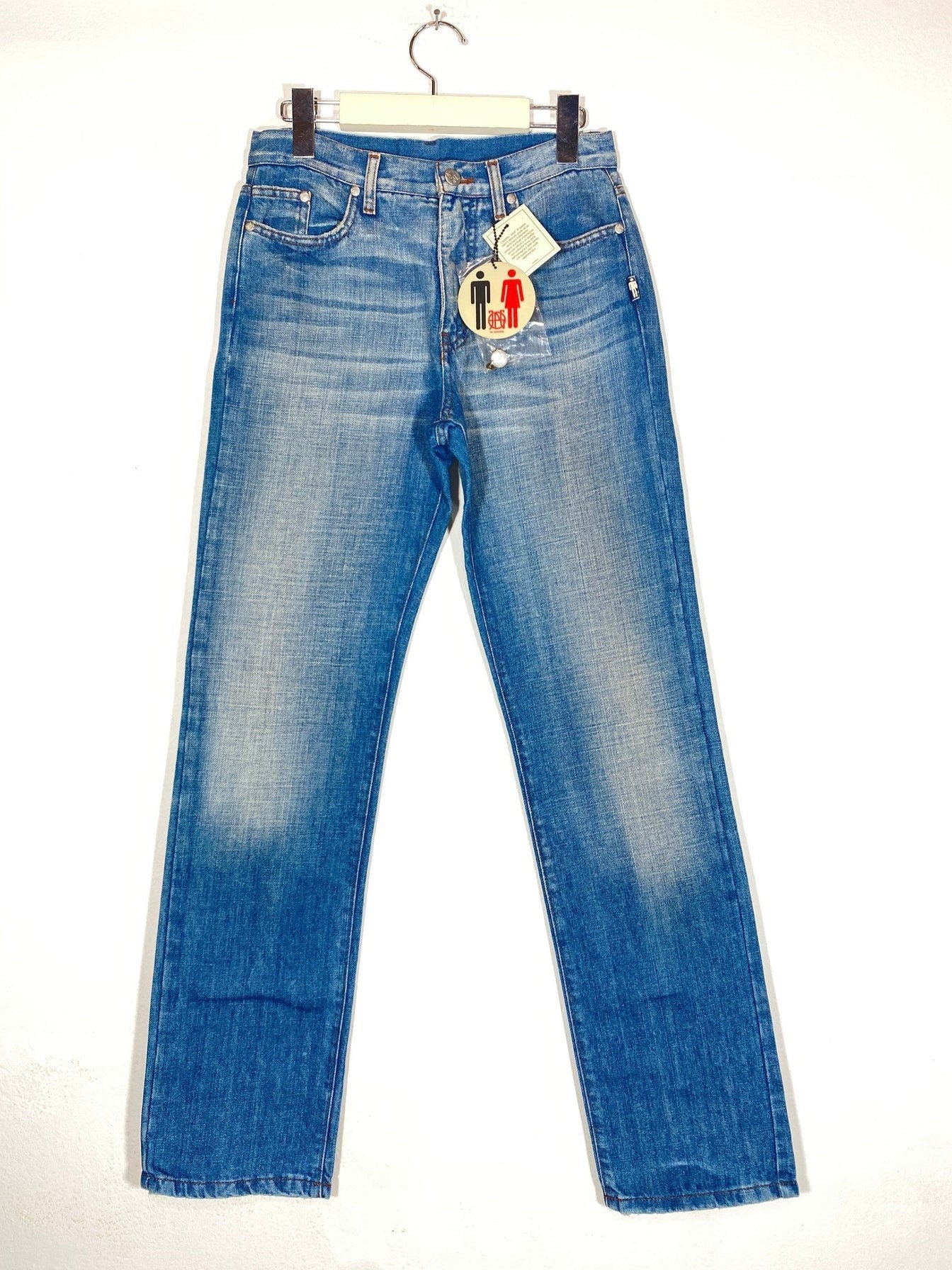 Jean Paul Gaultier 90s NOS straight blue jeans “used look, mint and with tags sz 27
