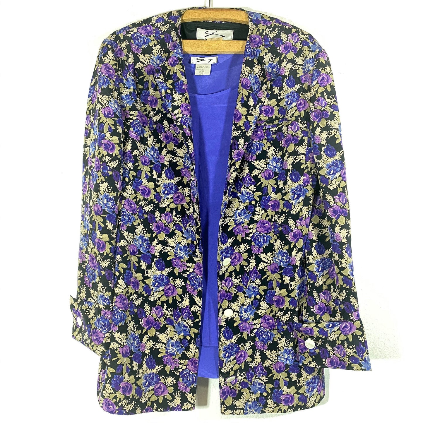 Genny pure silk ladies lilac floral suit, 3 pcs tank top, pleated skirt & blazer, minty