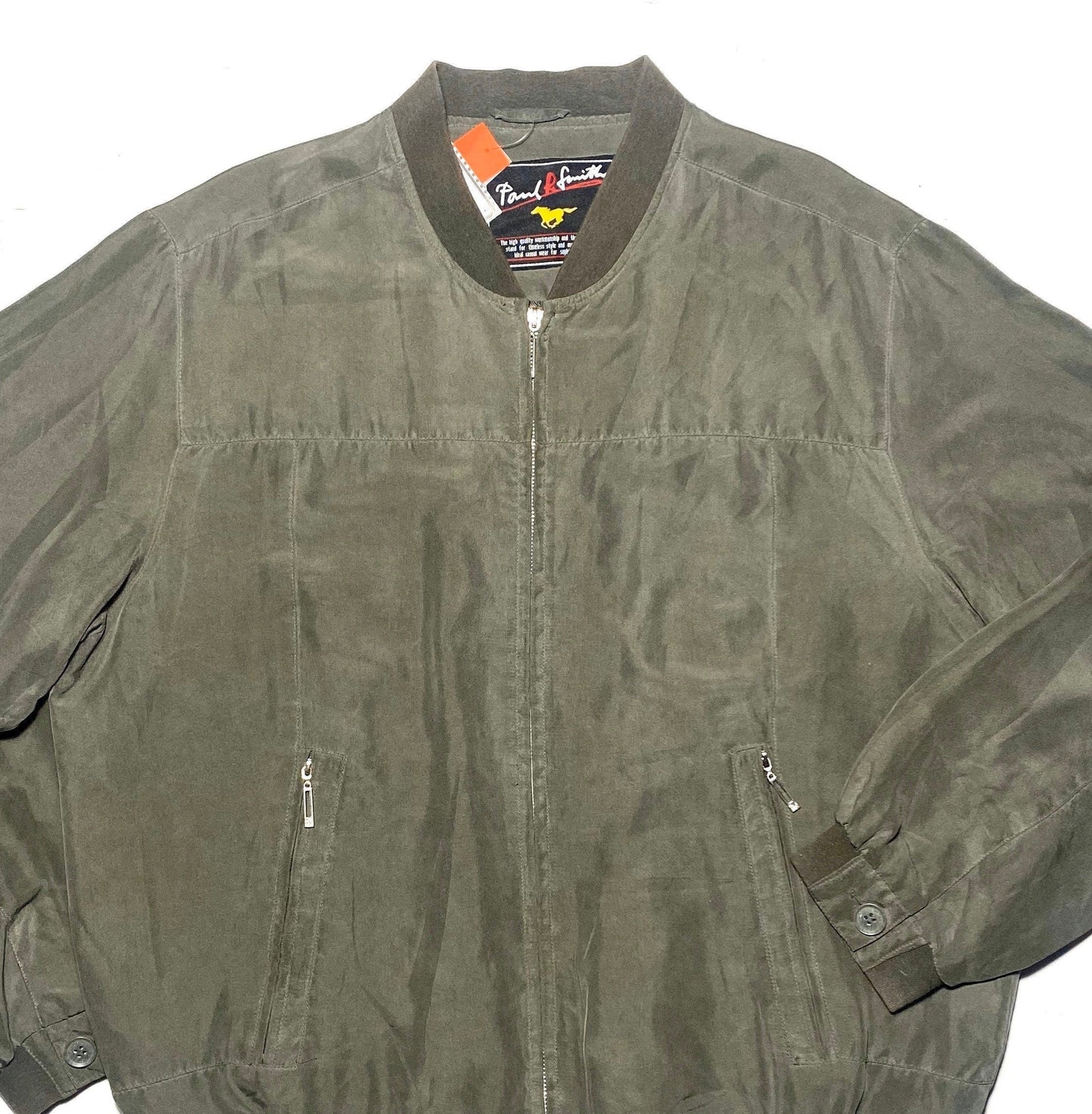 Paul R. smith pure silk military green bomber jacket sz 52 XL, mint condition.