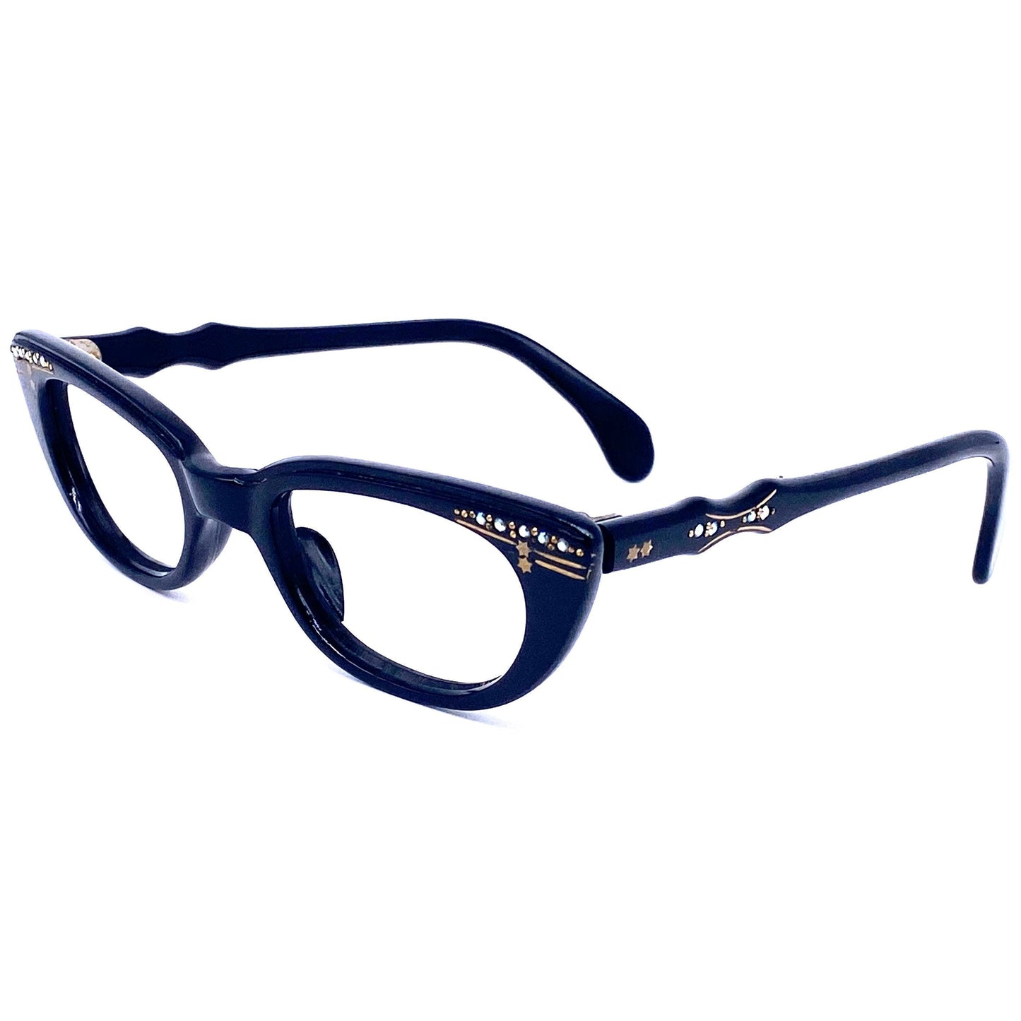 Classy black pin up/ diva cateye eyeglasses frames adorned w/ rhinestones, 50s NOS