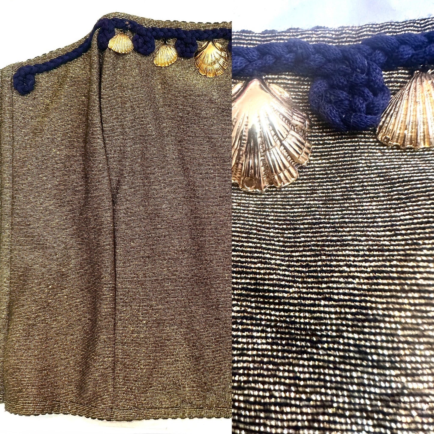 Novecento Maritime golden corset top w navy rope & golden metal shells, NOS 80s