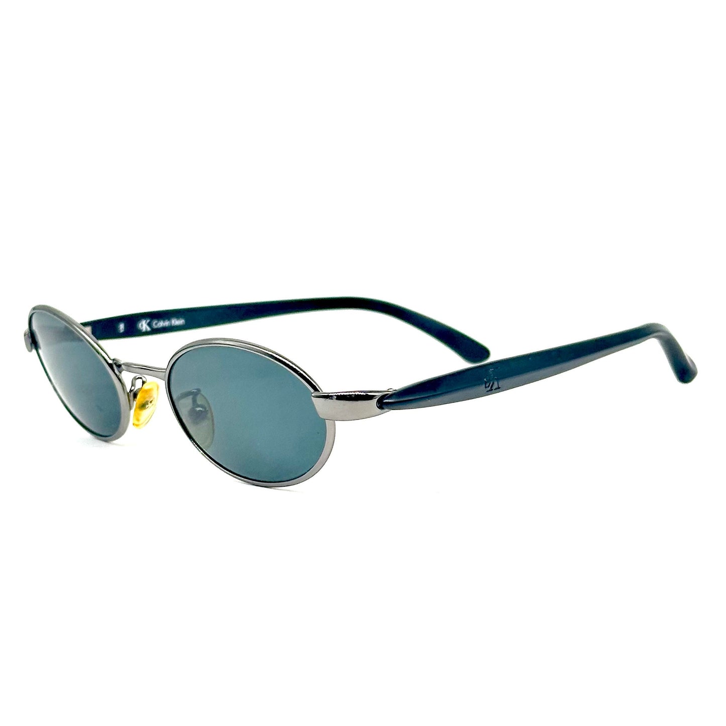 Calvin Klein 1010 oval silver metal sunglasses w black cello temples, NoS 90s Italy