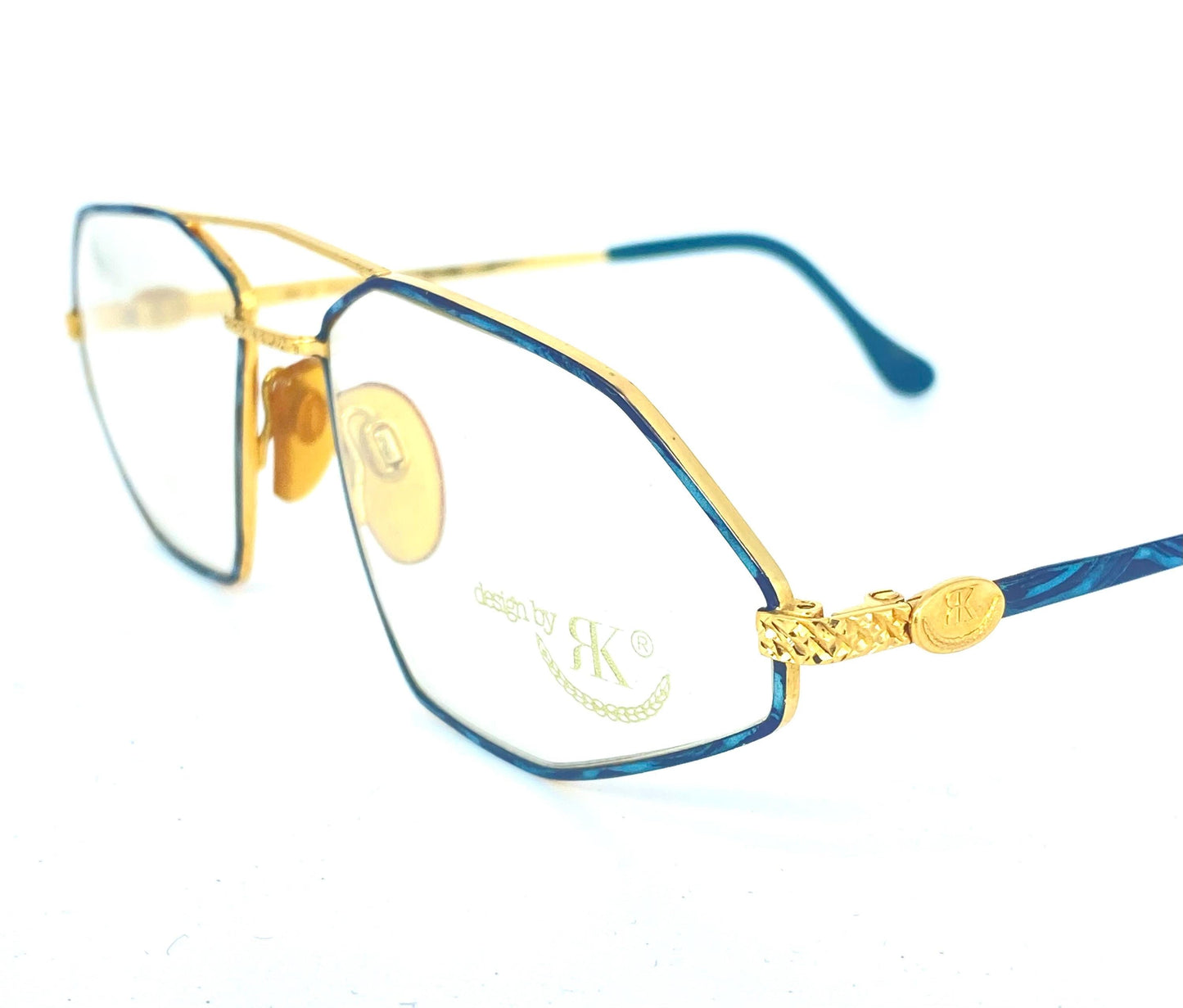 RK Design collectible avant-garde frames, polygonal dbl bridge golden metal w green enameled texture,  W Germany 80s NOS