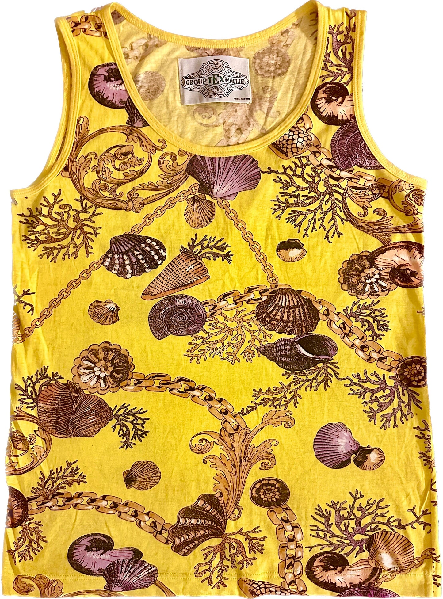 GroupTex baroque sea shells/ stars maritime print yellow cotton tank top, 90s sz L
