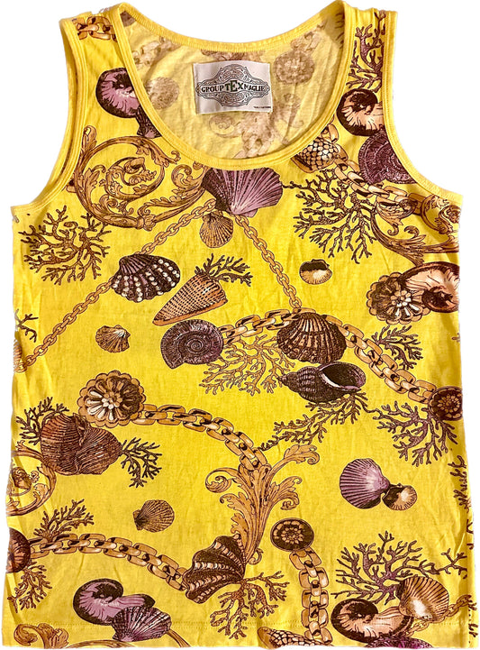 GroupTex baroque sea shells/ stars maritime print yellow cotton tank top, 90s sz L
