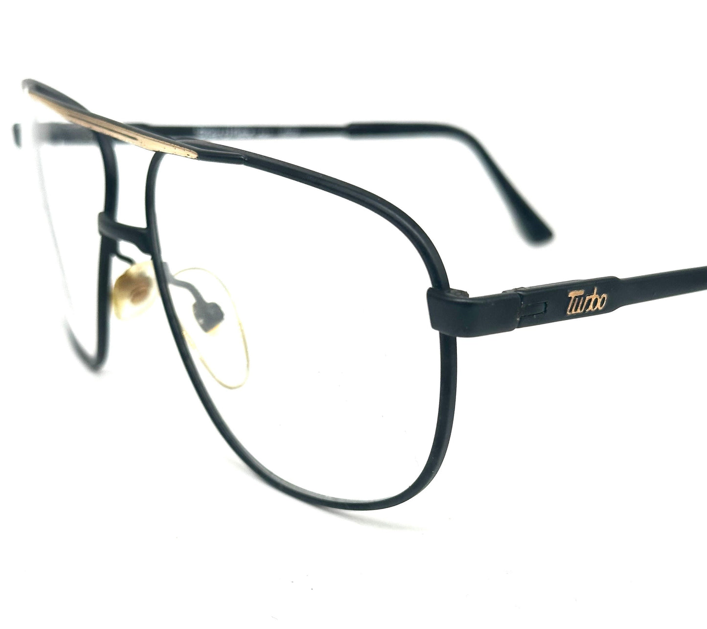 Sferoflex Turbo 679 matte black aviator eyeglasses frames with golden dbl bridge and embossed branding, NoS 80s