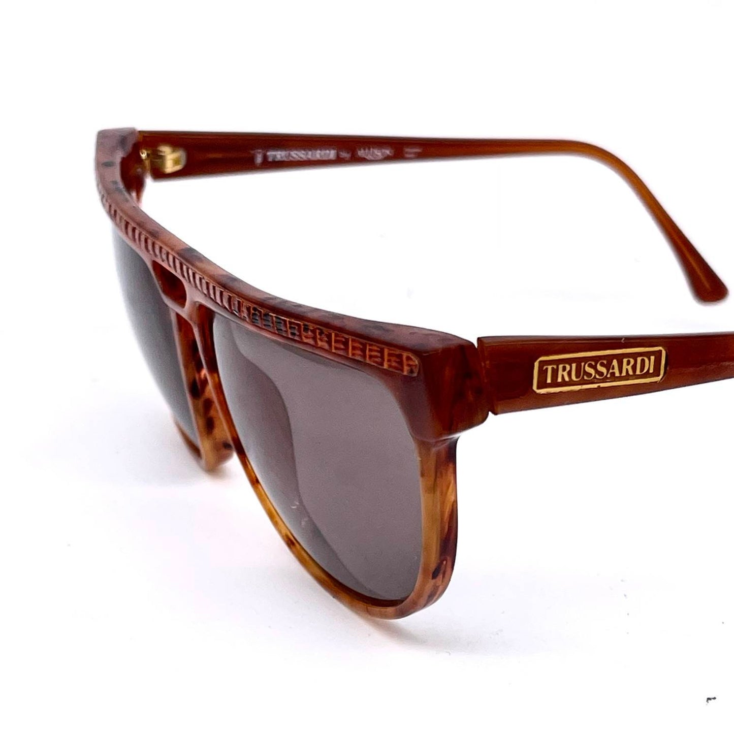 Trussardi flat top square sunglasses w leather inserts, NoS 80s Italy
