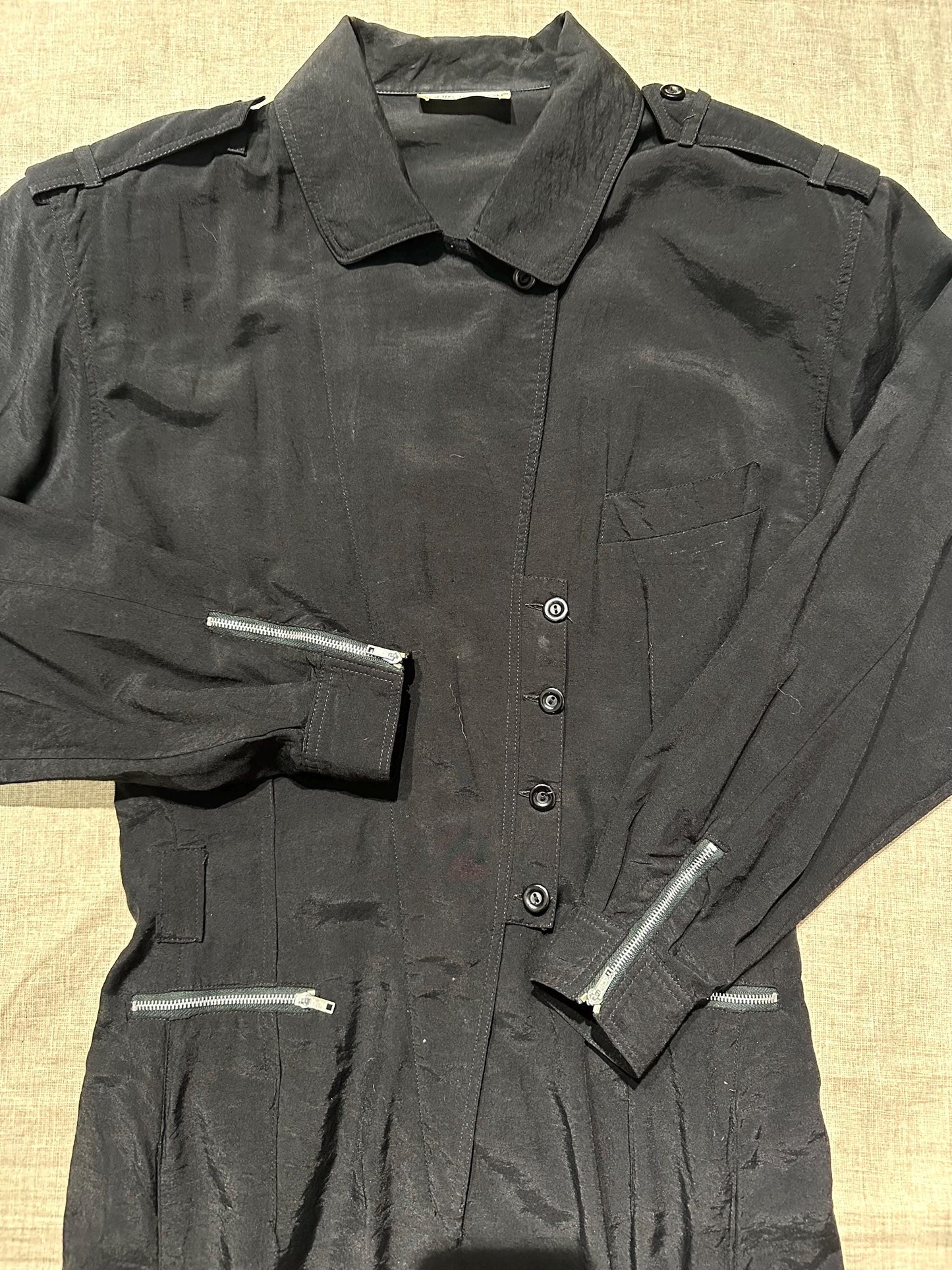 Louis London 1980s Fluid black jumpsuit w silver metal zippers, very contemporary look, sz M / DE36