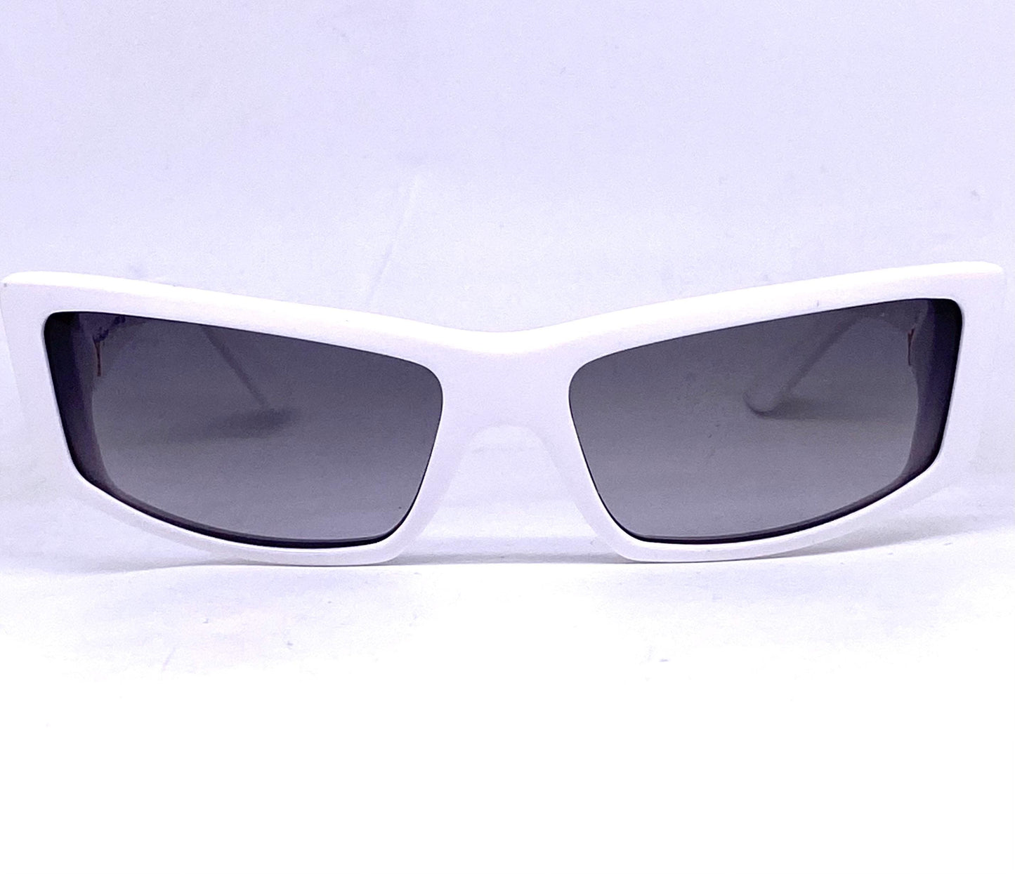 Ferragamo white acetate rectangular sunglasses w golden metal details / logo inlays, NOS