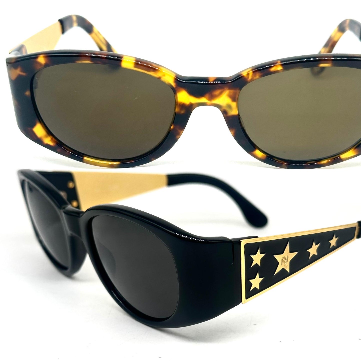Nouvelle Vague Dane rocker retro sunglasses w embossed golden stars, 2 colors, NoS 80s Italy
