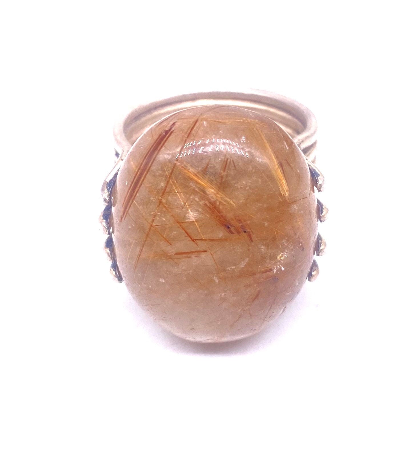 1960s Artisanal 925 Silver cable ring with big oval sunstone (Rutilated Quartz) in great condition