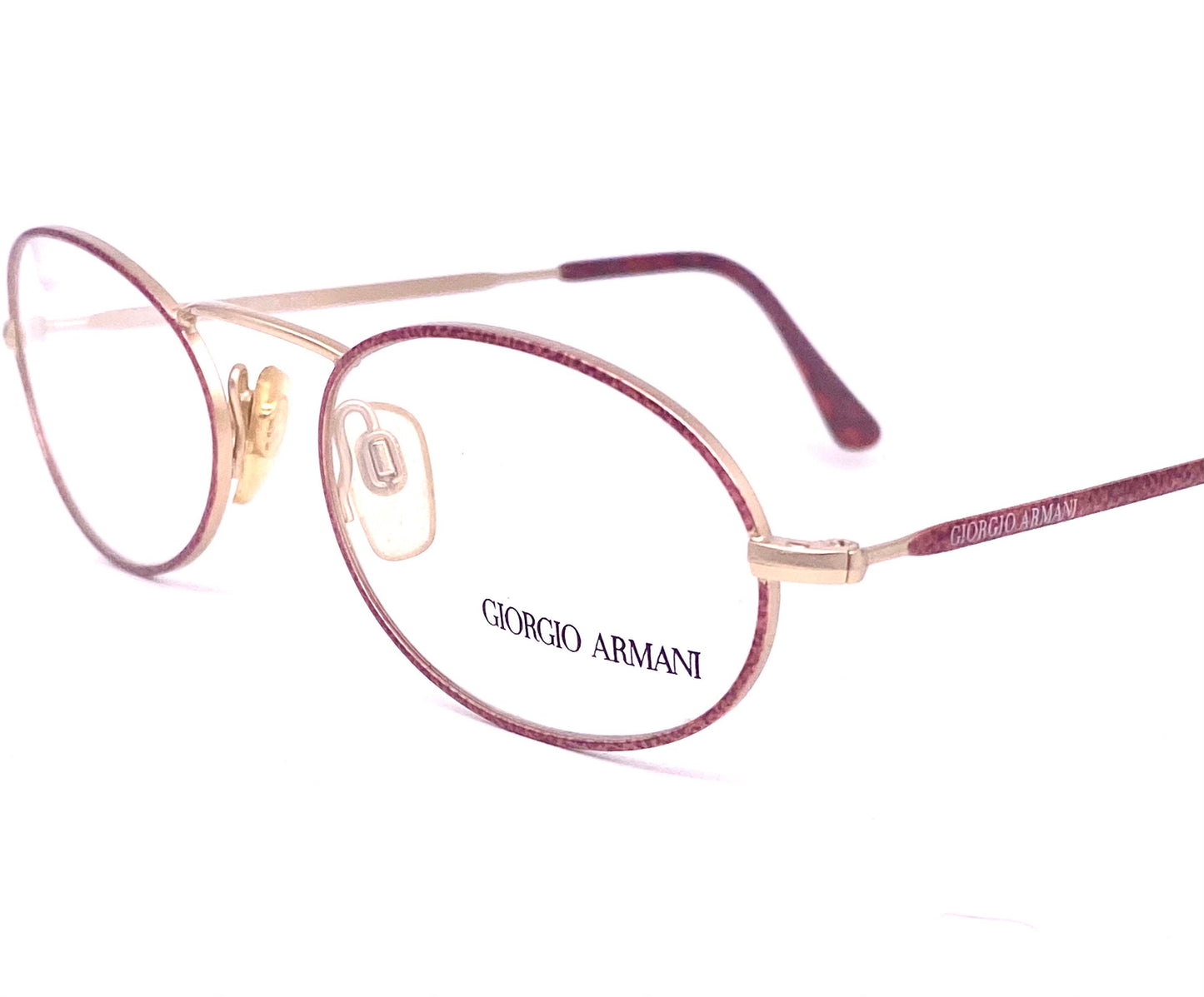 Giorgio Armani 125 oval Matt gold spectacle frames w burgundy enameled pattern, hand made in Italy