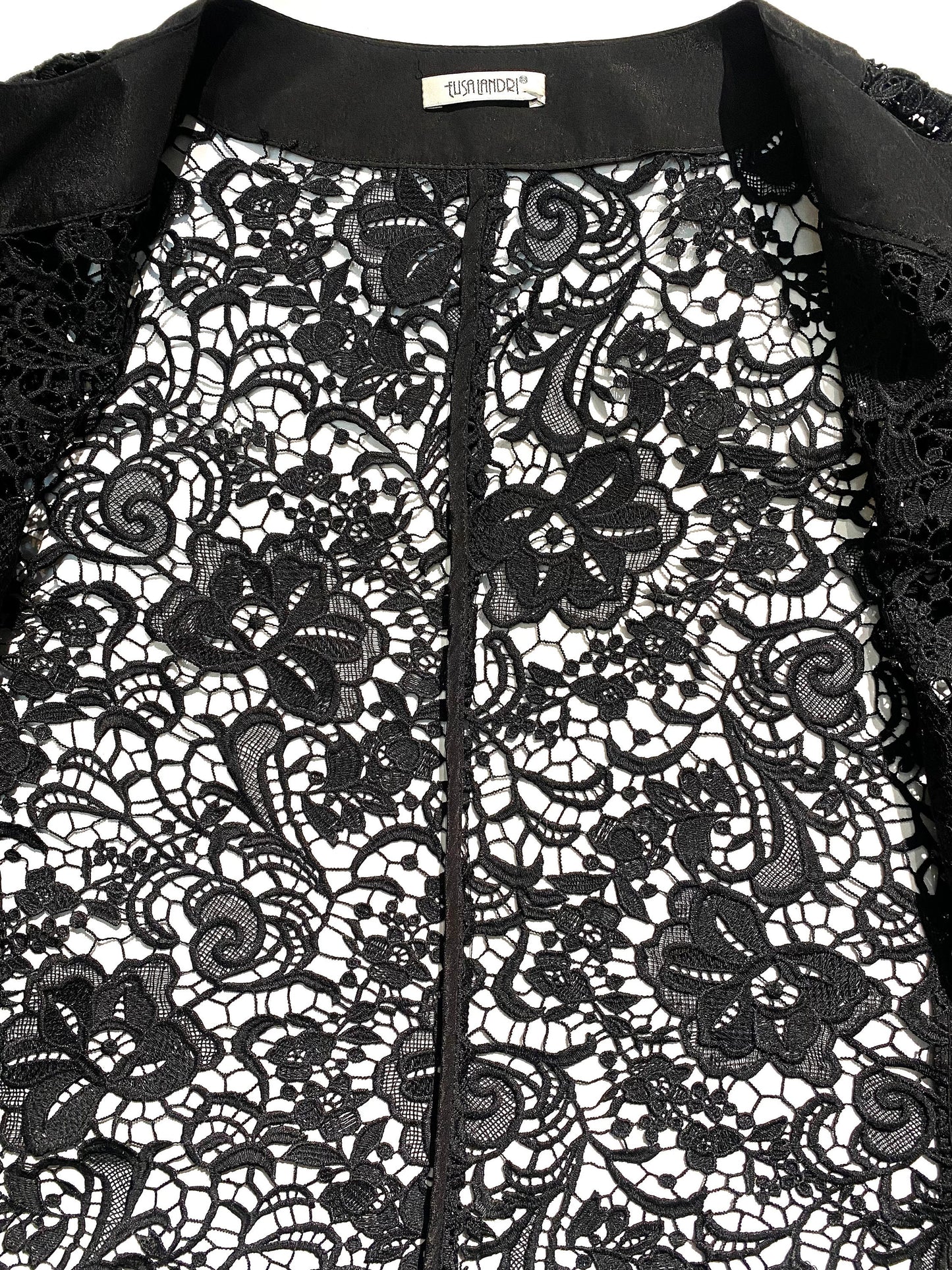 Elisa Landri sexy black silk + laces 3/4 sleeve overcoat, mint condition 1990s Italy